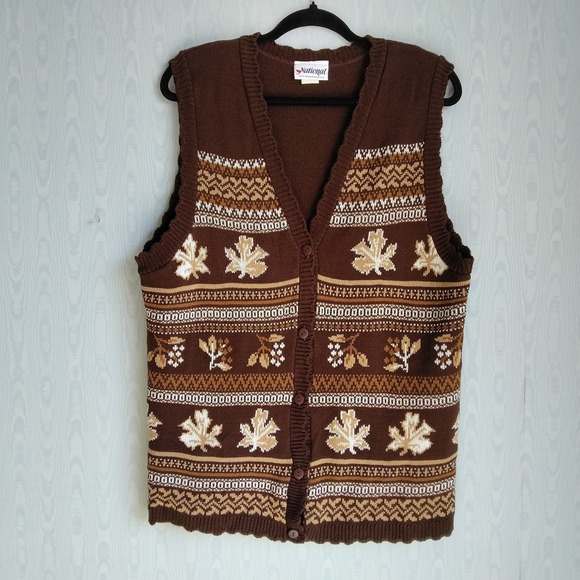 Vtg Womens XL Fall Autumn Thanksgiving Leaves Button Down Long Line Sweater Vest - Picture 1 of 6
